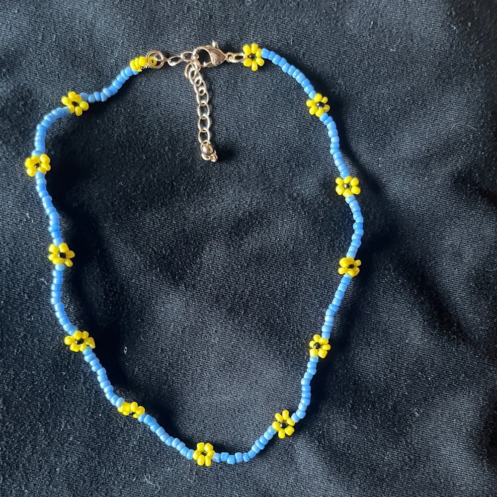 Blue and Yellow Flower Beaded Necklace